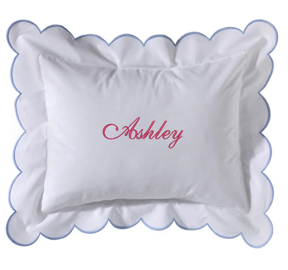 Scallop baby pillow with embroidered monogramming