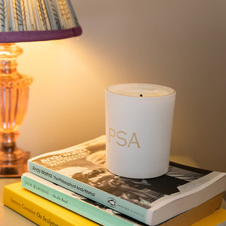 White laser-etched monogrammed scented candles with personalised text, made from 100% natural vegan soy and coconut wax in a glass candle holder - Initially London