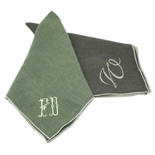 Olive and Brown 100% linen napkins with a two letter monogram on the olive napkin and a single letter monogram on the brown napkin 