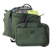 100% Polyurethane Green Laptop case with a two letter monogram in front of a large travel bag with a three letter monogram