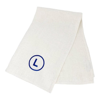 Natural Monogrammed Linen Tea Towel with a motif in royal blue thread, made from 100% linen - Initially London
