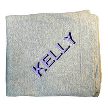 Grey Monogrammed Match Blanket with Shadow Lettering in Lilac and Navy thread colours, made from cotton and fleece blended yarn - Initially London