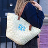 Monogrammed Maltby Market Basket with a three letter monogram in Intertwined font with Cornflower Blue thread, made from finely woven palm leaves in Morocco - Initially London