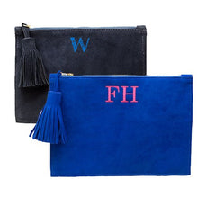 Majorelle Blue and Navy Monogrammed Soho Suede Pouch made from Suede with a brass zipper and suede tassel - Initially London