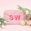 Monogrammed Pink St James Wash Bag with Pink Initials, made from 100% cotton with a nylon polyester waterproof lining - Initially London