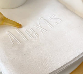 Close Up of Monogrammed White Linen Napkin which is made from 100% Pure Linen - Initially London