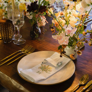 Embroidered floral theme napkins for a Chelsea Flower Show lunch