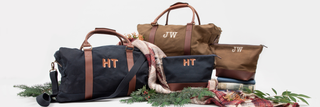 Collection of bags with monogram embroidery initials 'JW' and 'HT' on a white background
