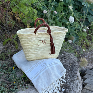 Monogrammed basket with leather tassel