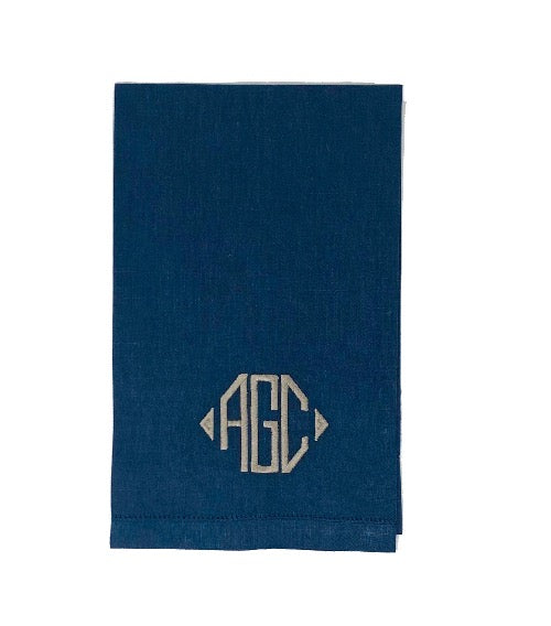 Navy blue monogrammed linen guest towel