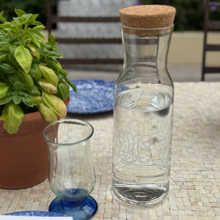 Glass carafe laser etched with a monogram