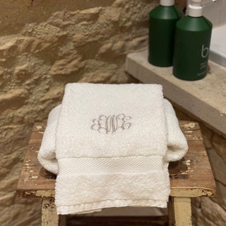 White Terry towelling guest towel with monogramming by Initially London