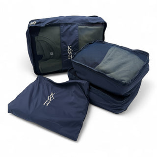 Recycled polyester packing cubes with an embroidered monogram