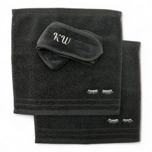 Black makeup towels with monogrammed spa headband