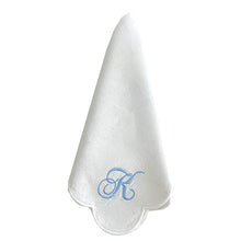 White Scallop Napkin Embroidered with a large traditional monogram in blue.