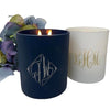 Navy and White laser-etched monogrammed scented candles with personalised text and motifs, made from 100% natural vegan soy and coconut wax in a glass candle holder - Initially London
