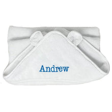 Baby bath Towel with little ears on - With a monogram in blue  
