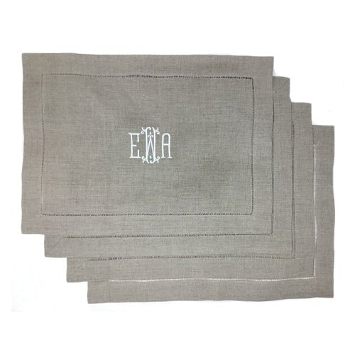 100% Linen Beige Hemstitch Placemat with Monogram in the centre