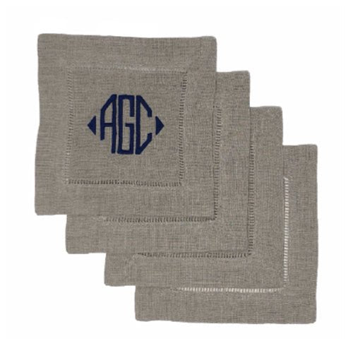 100% Linen Beige Linen Coasters (set of 4) with a large, navy, Three letter monogram