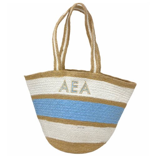 100% Jute, Blue, White and Natural stripe bag. Large, Three Letter monogram in the top white stripe