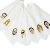 White 100% linen napkins with various embroidered faces