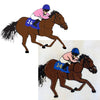 Digital drawing of a horse and jockey, to the left, and to the right the same horse and jockey but Embroidered. 