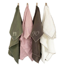 Olive, Brown, Pink and white 100% linen tea towels. A two letter monogram on the olive tea towel and a single letter monogram on the brown tea towel
