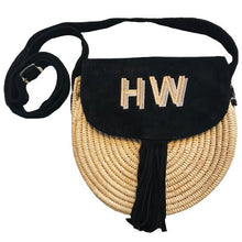 Black, Cross Body bag made from all natural palm leaf and suede leather, with a large embroidered monogram on the front