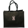 Black Shopper bag made from 100% jute exterior with wipe-clean plastic lining with a large embroidery monogram