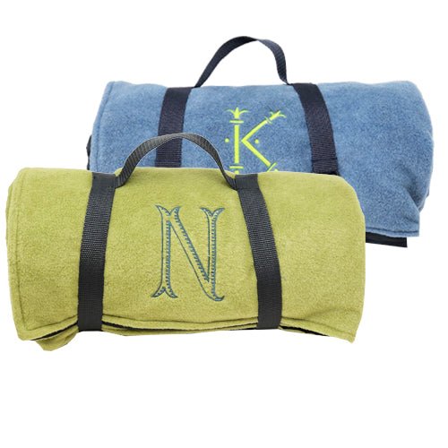 Fresh Green and soft blue Fleece picnic rug, both with large one letter monograms