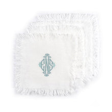 100% linen Fringed Coasters (set of 4) in an Ivory colour. They have a a traditional three letter monogram on. 