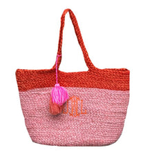 Orange and Pink, Sustainable braided jute Tote Bag. A large orange monogram on the front