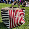 100% Organic Jute Striped Tote bag in white and navy, with a large monogram at the front