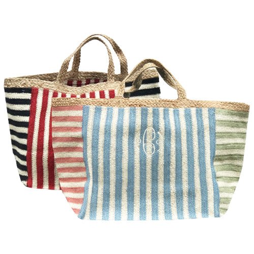 100% Organic Jute Striped Tote bags in white and Navy and Sherbet tones, with a large monogram at the front