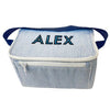 100% cotton with an insulated PVC inside, Kid's Cool Lunch Box in blue. It has a large name monogram
