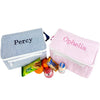 100% cotton with an insulated PVC inside, Kid's Cool Lunch Box in blue and pink. Both embroidered on the top