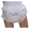 35% cotton batiste and 65% polyester Lacy Nappy Cover with purple embroidery on the back 