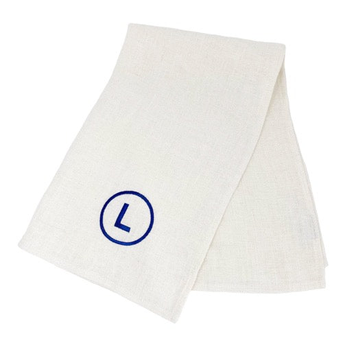 Natural Monogrammed Linen Tea Towel with a motif in royal blue thread, made from 100% linen - Initially London
