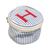Navy Monogrammed Mini Bond Jewellery Case with red lettering in copperplate font, made from 100% cotton seersucker, which has a thin stripey pattern - Initially London