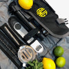 Black Monogrammed Mixologist Kit, with lettering in our three letter circle font in neon yellow thread - Initially London