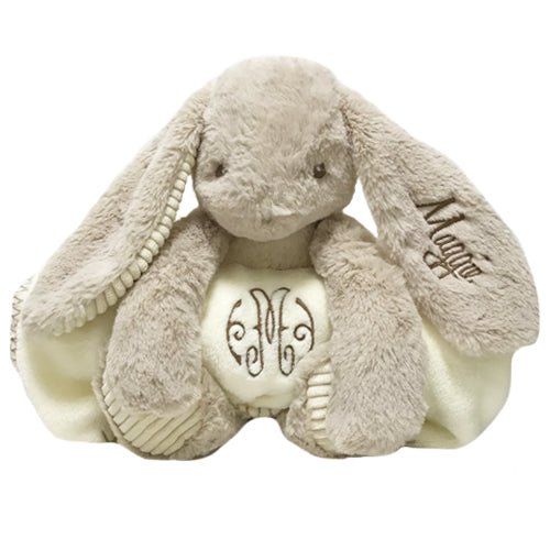 Monogrammed Bunny and Blanket, with a personalised motif in Lindsay font and lettering in Sweetheart font - Initially London