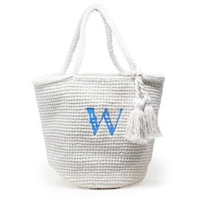 White Cotton Crochet Bag monogrammed by Initially London. A large single initial monogram on the front