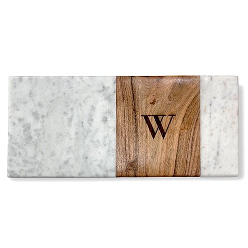  Marble and teak wood board, with a single letter etched monogram.