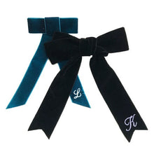 Teal and Black Monogrammed Velvet Hair Bows, with Ballentines font lettering in Lilac and Baby Pink thread, made from Cotton velvet ribbon with metal easy clip fastening - Initially London