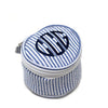 Navy Monogrammed Mini Bond Jewellery Case with dark blue lettering in circle font, made from 100% cotton seersucker, which has a thin stripey pattern - Initially London