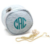 Mint Monogrammed Mini Bond Jewellery Case with circle font lettering, made from 100% cotton seersucker, which has a thin stripey pattern - Initially London