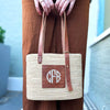 Monogrammed Richmond Rattan Bag made from Made from natural raffia, wound around a wire structure, with adjustable leather handles and accessories - Initially London