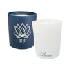 Navy and White laser-etched monogrammed scented candles with personalised text and motifs, made from 100% natural vegan soy and coconut wax in a glass candle holder - Initially London