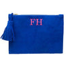 Majorelle Blue Monogrammed Soho Suede Pouch with pink initials, made from Suede with a brass zipper and suede tassel - Initially London