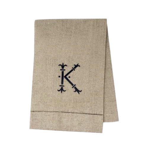 Monogrammed Natural Linen Hemstitch Guest Towel with Navy Lettering, made from 100% Linen - Initially London